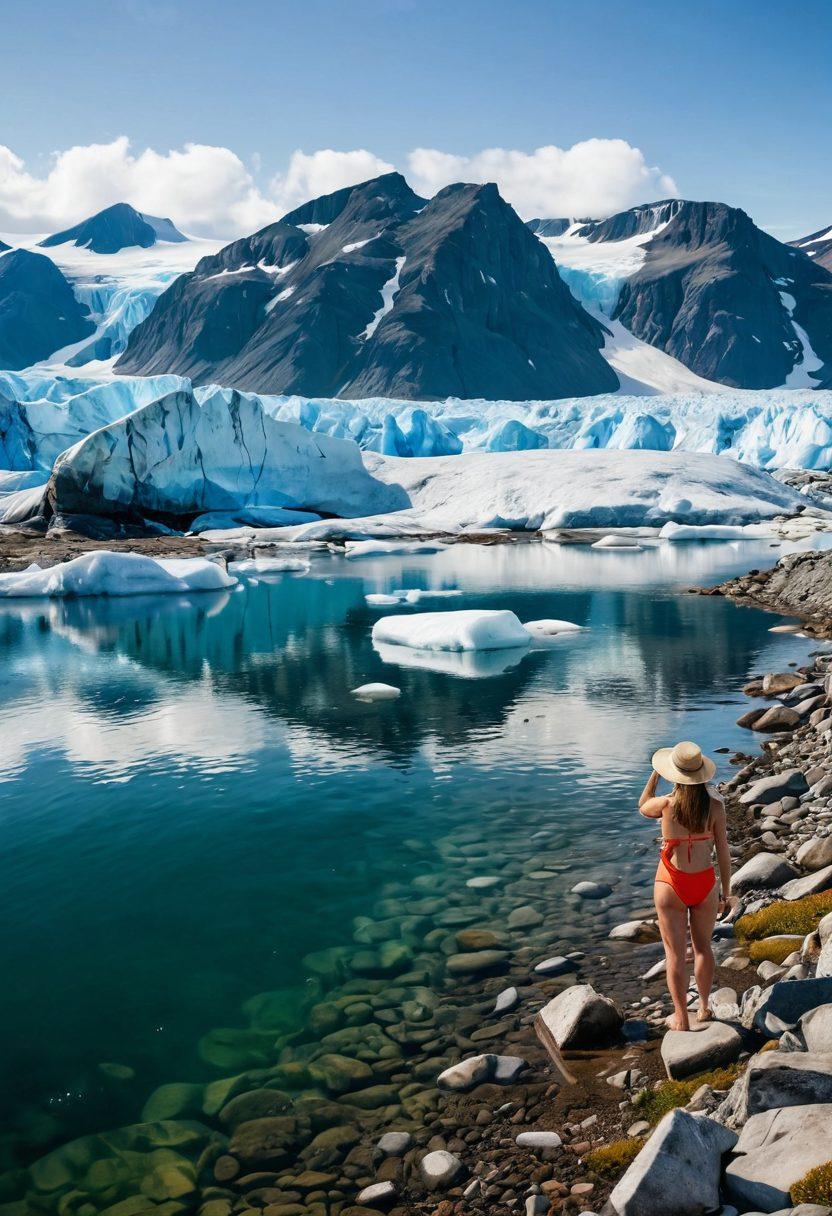 A stunning arctic coastline bathed in summer sunlight, featuring people enjoying the beach in stylish swimwear. Include vibrant swimsuits in bold colors, playful accessories like hats and sunglasses, and a backdrop of icy glaciers melting into crystal-clear waters. The scene should convey a sense of fun, fashion, and the unexpected joy of summer in the Arctic. super-realistic. vibrant colors. white background.